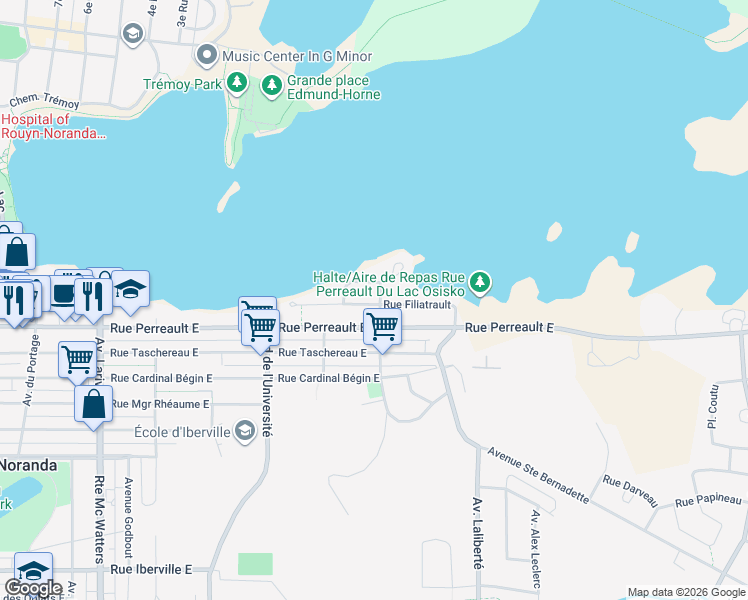 map of restaurants, bars, coffee shops, grocery stores, and more near 555 Rue Filiatrault in Rouyn-Noranda