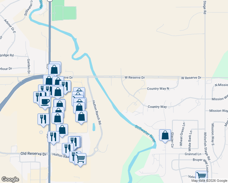 map of restaurants, bars, coffee shops, grocery stores, and more near 728 Country Way in Kalispell