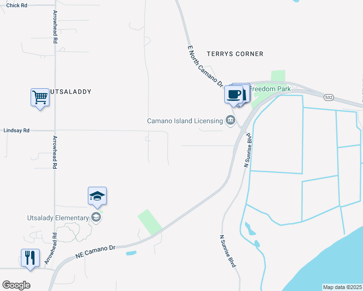 map of restaurants, bars, coffee shops, grocery stores, and more near 401 East 775th North in Camano