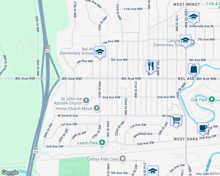 map of restaurants, bars, coffee shops, grocery stores, and more near 232 24th Street Northwest in Minot