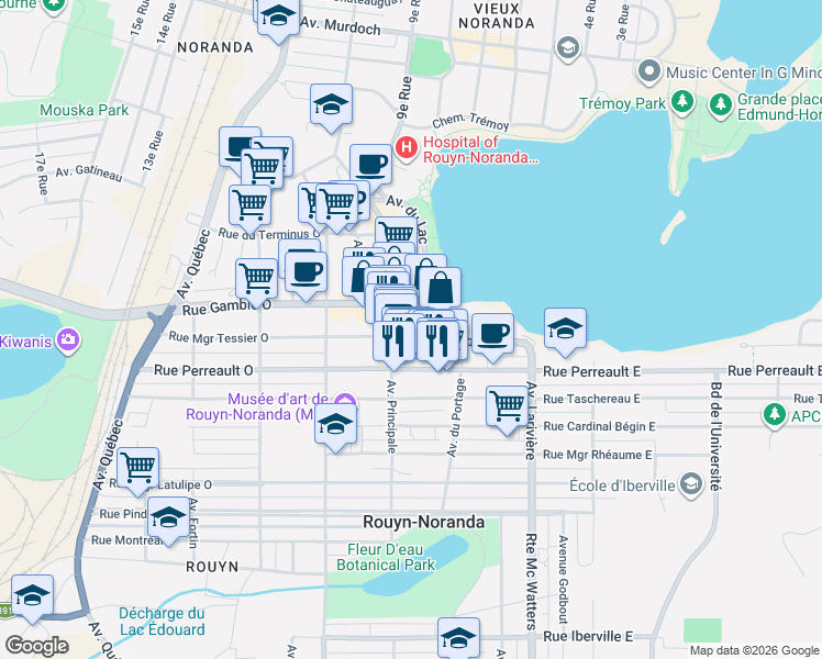 map of restaurants, bars, coffee shops, grocery stores, and more near 23 Rue Monseigneur Tessier Est in Rouyn-Noranda