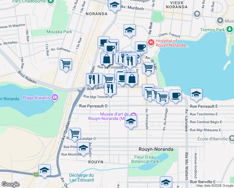 map of restaurants, bars, coffee shops, grocery stores, and more near 138 Rue Monseigneur Tessier Ouest in Rouyn-Noranda