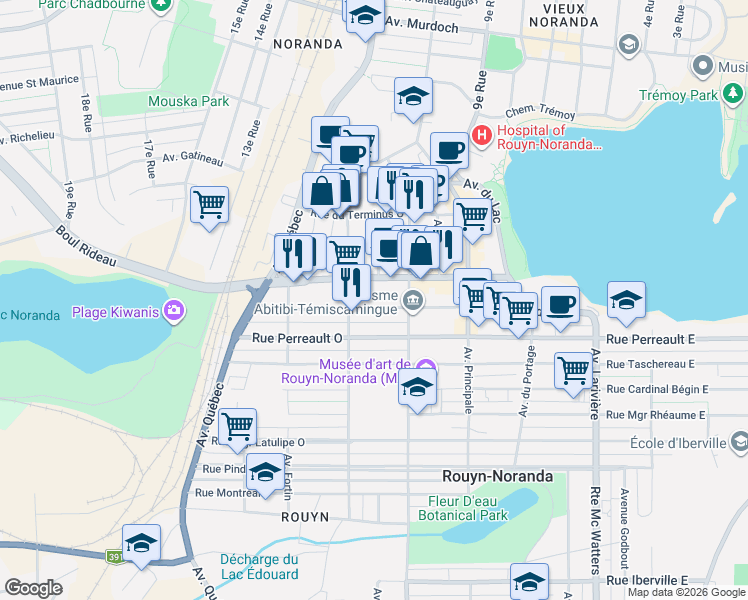 map of restaurants, bars, coffee shops, grocery stores, and more near 138 Rue Monseigneur Tessier Ouest in Rouyn-Noranda