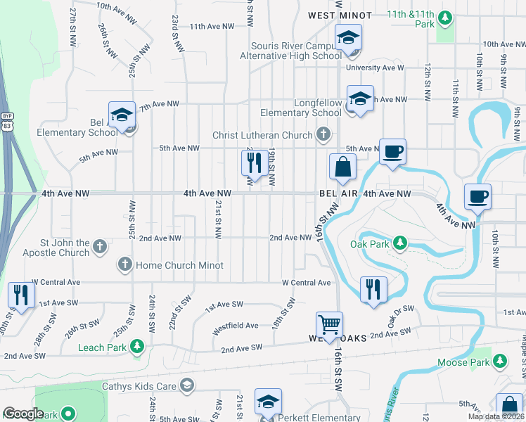 map of restaurants, bars, coffee shops, grocery stores, and more near 321 19th Street Northwest in Minot