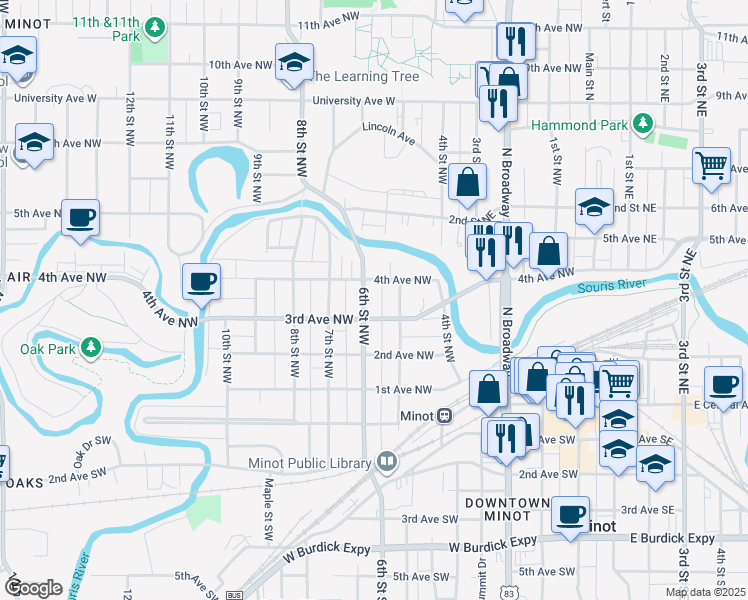 map of restaurants, bars, coffee shops, grocery stores, and more near 327 6th Street Northwest in Minot