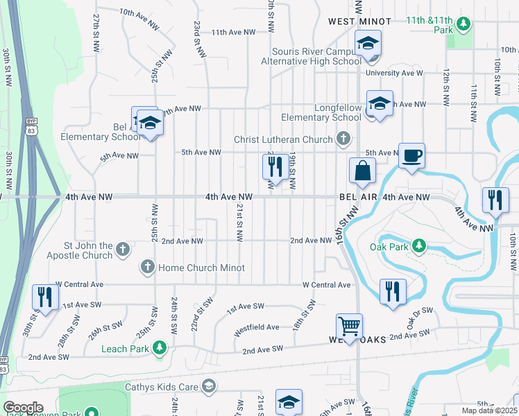 map of restaurants, bars, coffee shops, grocery stores, and more near 315 20th Street Northwest in Minot