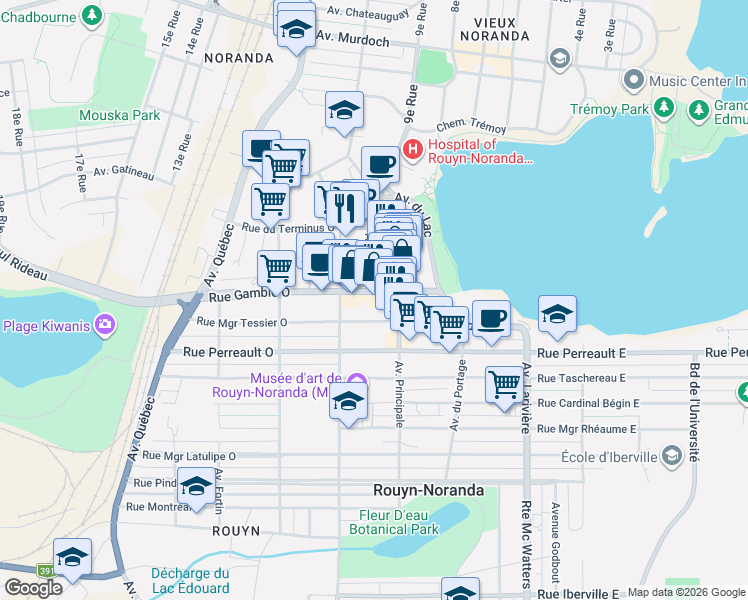 map of restaurants, bars, coffee shops, grocery stores, and more near 33-B Rue Gamble Ouest in Rouyn-Noranda