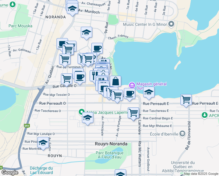 map of restaurants, bars, coffee shops, grocery stores, and more near 34 Rue Gamble Est in Rouyn-Noranda