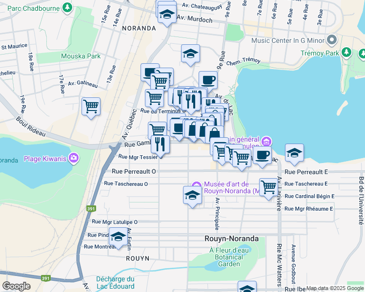 map of restaurants, bars, coffee shops, grocery stores, and more near 101 Rue Gamble Ouest in Rouyn-Noranda