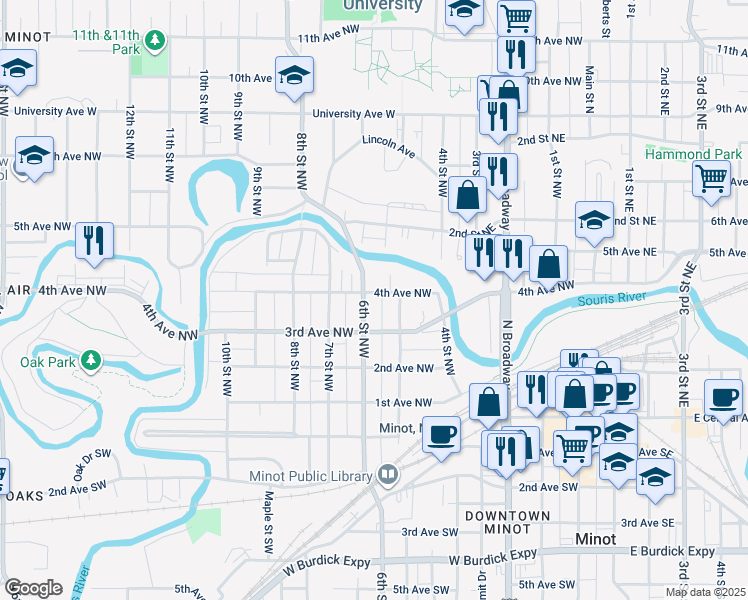 map of restaurants, bars, coffee shops, grocery stores, and more near 327 6th Street Northwest in Minot