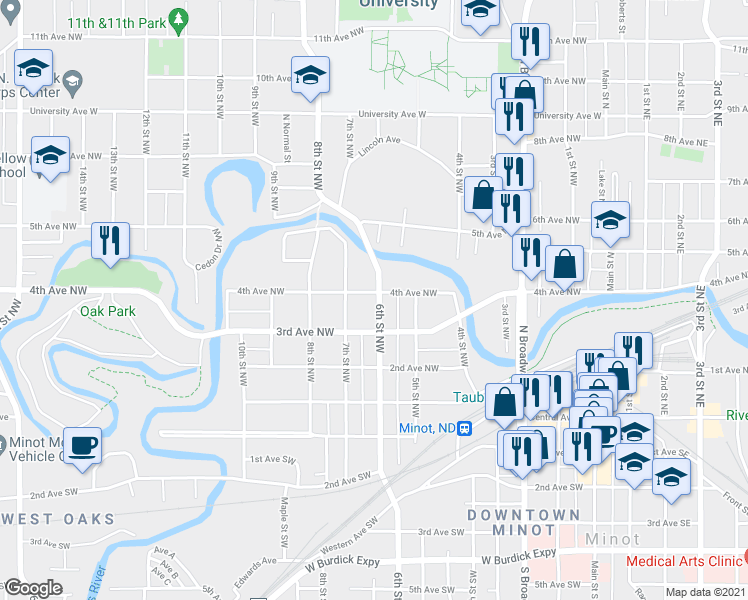map of restaurants, bars, coffee shops, grocery stores, and more near 327 6th Street Northwest in Minot