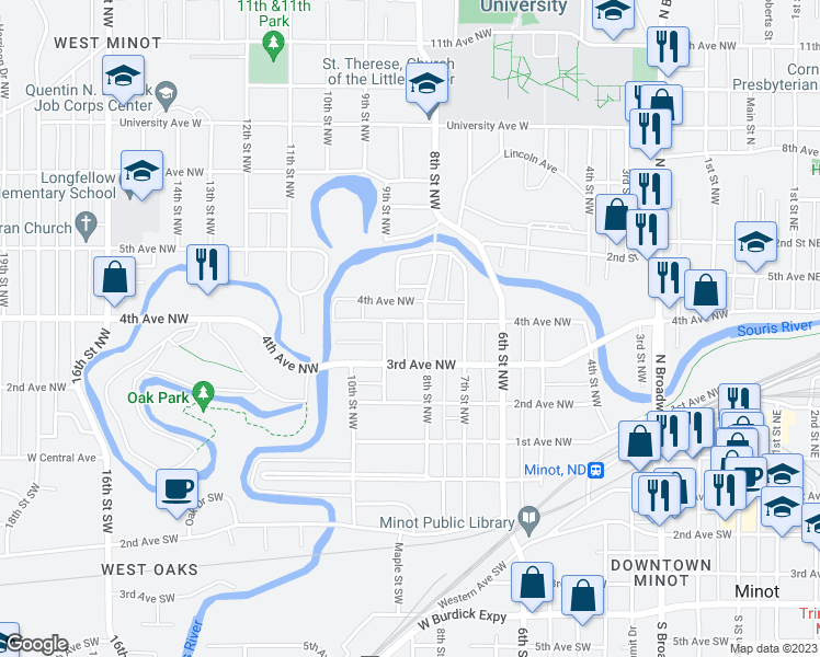map of restaurants, bars, coffee shops, grocery stores, and more near 809 4th Avenue Northwest in Minot
