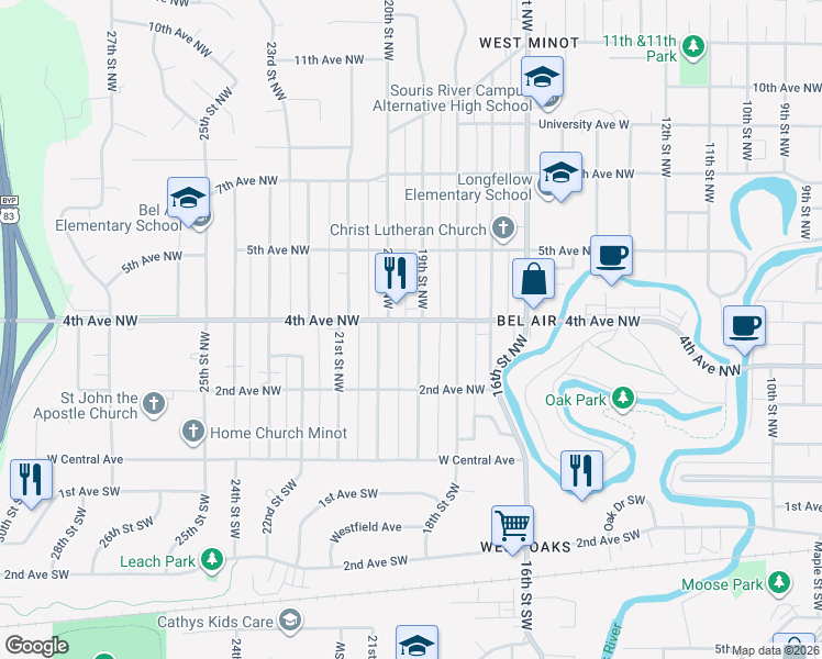 map of restaurants, bars, coffee shops, grocery stores, and more near 321 19th Street Northwest in Minot