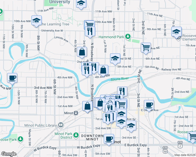 map of restaurants, bars, coffee shops, grocery stores, and more near 338 Walders Street in Minot