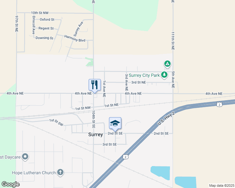 map of restaurants, bars, coffee shops, grocery stores, and more near 107 2nd Avenue Northeast in Surrey