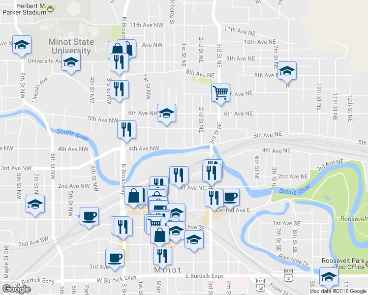 map of restaurants, bars, coffee shops, grocery stores, and more near 101 4th Avenue Northwest in Minot