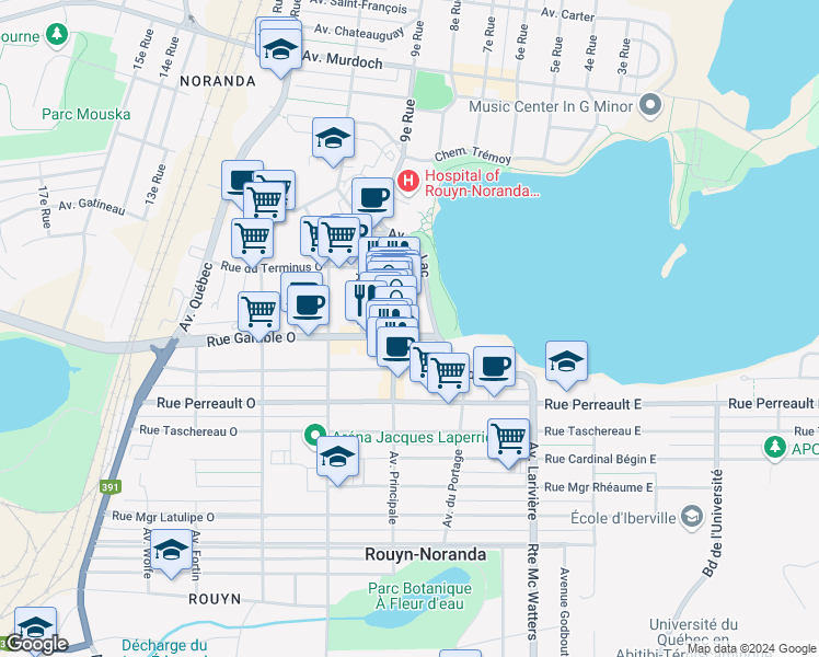 map of restaurants, bars, coffee shops, grocery stores, and more near 15 Rue Gamble Est in Rouyn-Noranda