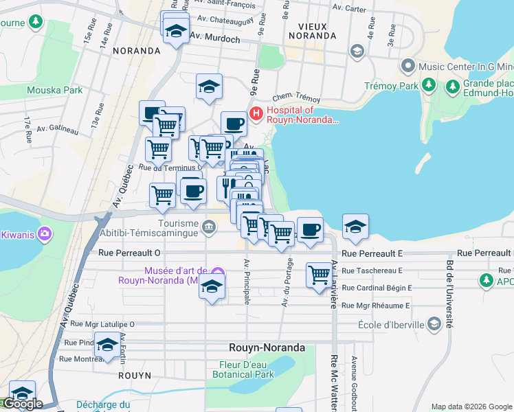map of restaurants, bars, coffee shops, grocery stores, and more near 15 Rue Gamble Est in Rouyn-Noranda