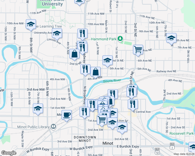 map of restaurants, bars, coffee shops, grocery stores, and more near 101 4th Avenue Northwest in Minot