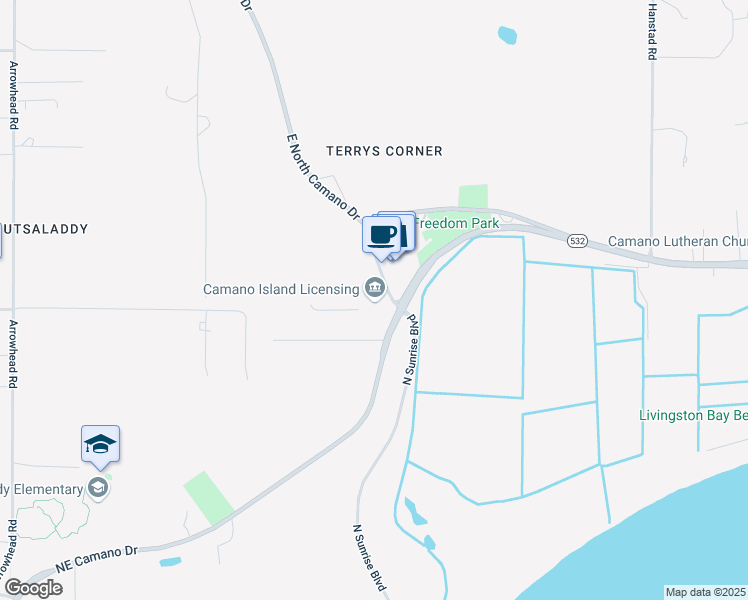 map of restaurants, bars, coffee shops, grocery stores, and more near 811 North Sunrise Boulevard in Camano Island
