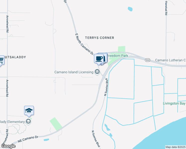 map of restaurants, bars, coffee shops, grocery stores, and more near 401 East 775th North in Camano Island