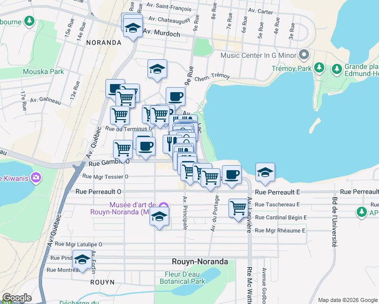 map of restaurants, bars, coffee shops, grocery stores, and more near 113 Rue d'Évain in Rouyn-Noranda