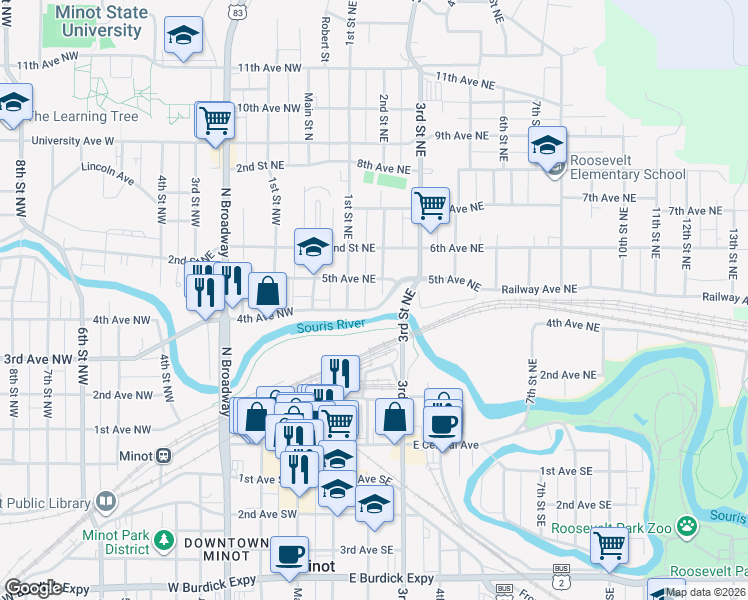 map of restaurants, bars, coffee shops, grocery stores, and more near 101-151 4th Avenue Northwest in Minot