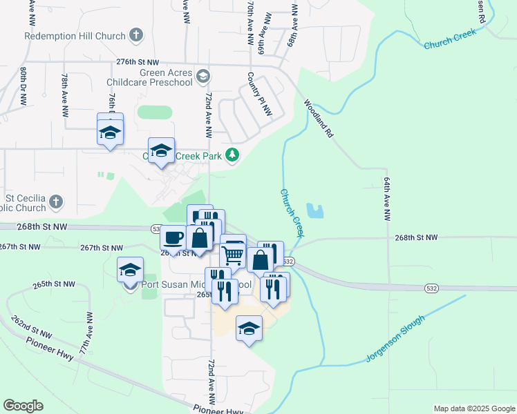 map of restaurants, bars, coffee shops, grocery stores, and more near 26903 72nd Avenue Northwest in Stanwood