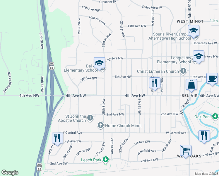 map of restaurants, bars, coffee shops, grocery stores, and more near 421 24th Street Northwest in Minot