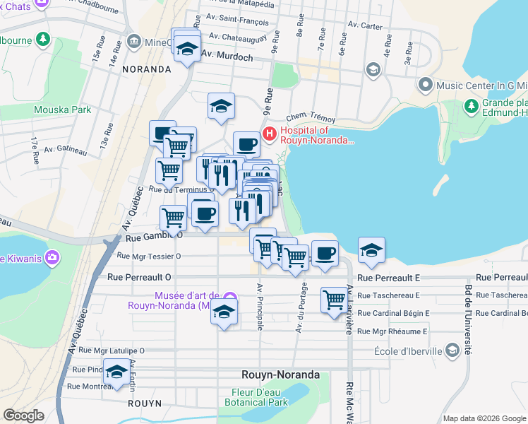 map of restaurants, bars, coffee shops, grocery stores, and more near 87 Avenue Principale in Rouyn-Noranda