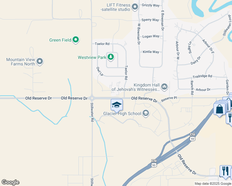 map of restaurants, bars, coffee shops, grocery stores, and more near 205 Sawyer Lane in Kalispell