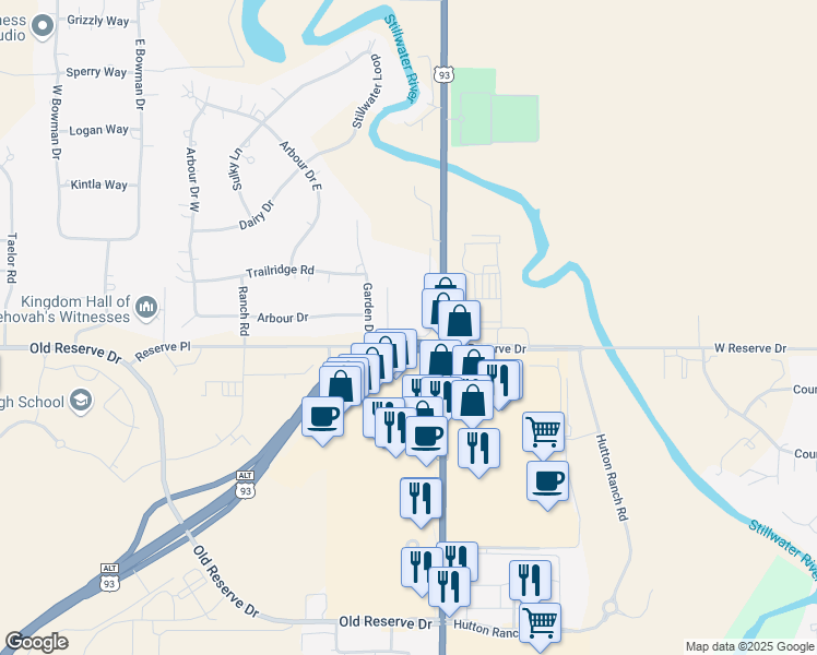 map of restaurants, bars, coffee shops, grocery stores, and more near 900 West Reserve Drive in Kalispell
