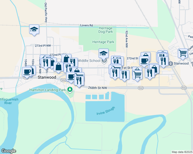 map of restaurants, bars, coffee shops, grocery stores, and more near 9522 271st Street Northwest in Stanwood