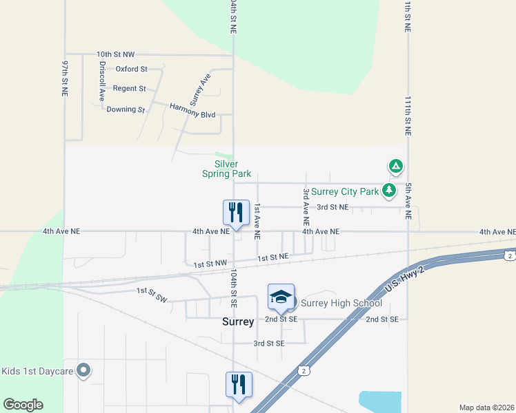 map of restaurants, bars, coffee shops, grocery stores, and more near 216 1st Avenue Northeast in Surrey