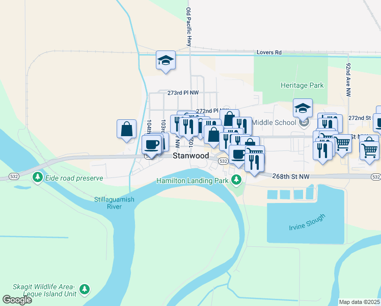 map of restaurants, bars, coffee shops, grocery stores, and more near in Stanwood