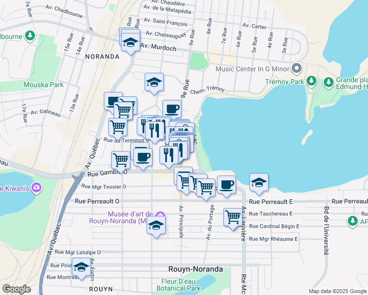 map of restaurants, bars, coffee shops, grocery stores, and more near 59 Avenue Principale in Rouyn-Noranda