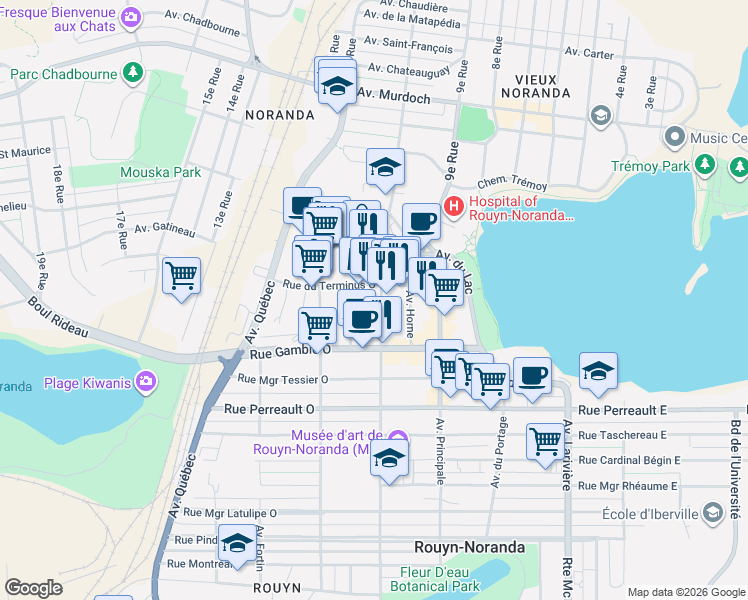 map of restaurants, bars, coffee shops, grocery stores, and more near 58 Avenue Dallaire in Rouyn-Noranda