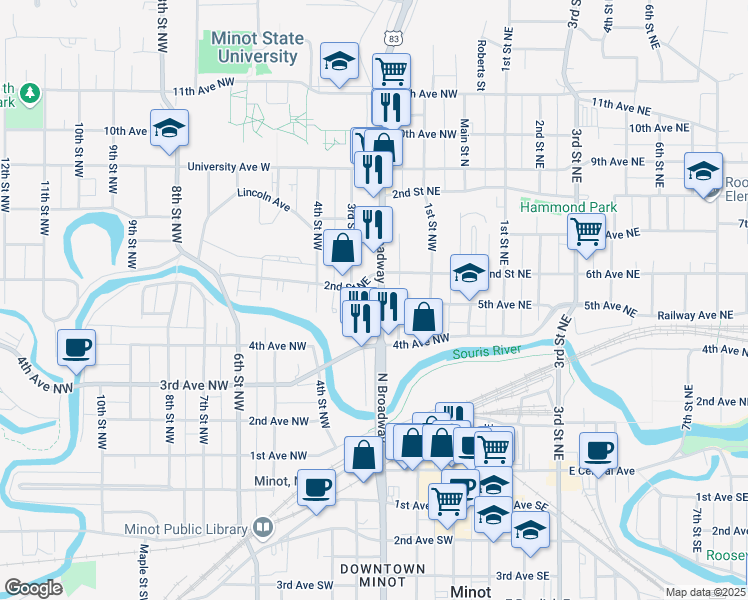 map of restaurants, bars, coffee shops, grocery stores, and more near 435 North Broadway in Minot