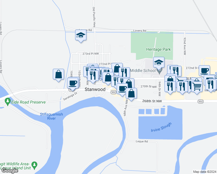 map of restaurants, bars, coffee shops, grocery stores, and more near 10008 270th Street Northwest in Stanwood