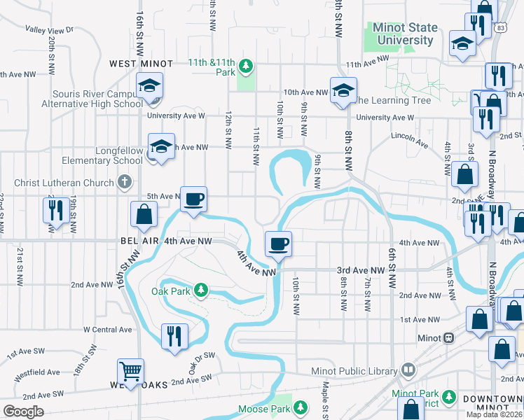 map of restaurants, bars, coffee shops, grocery stores, and more near 436 11th Street Northwest in Minot