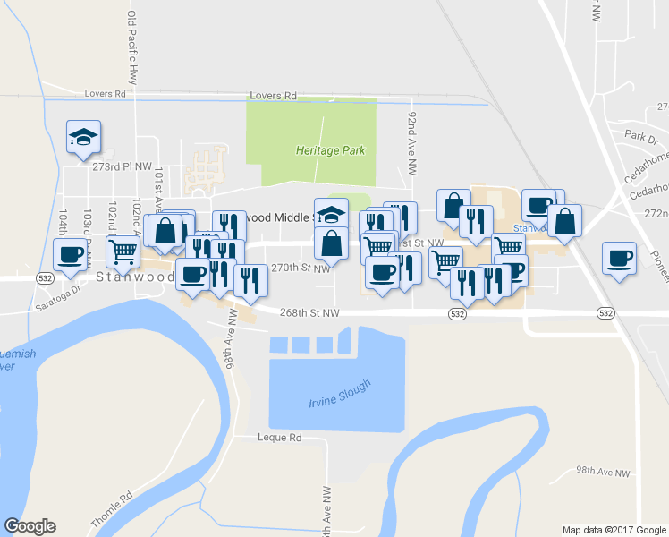 map of restaurants, bars, coffee shops, grocery stores, and more near 270th Street Northwest in Stanwood
