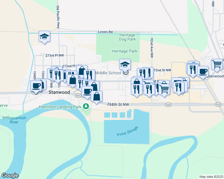 map of restaurants, bars, coffee shops, grocery stores, and more near 9522 271st Street Northwest in Stanwood