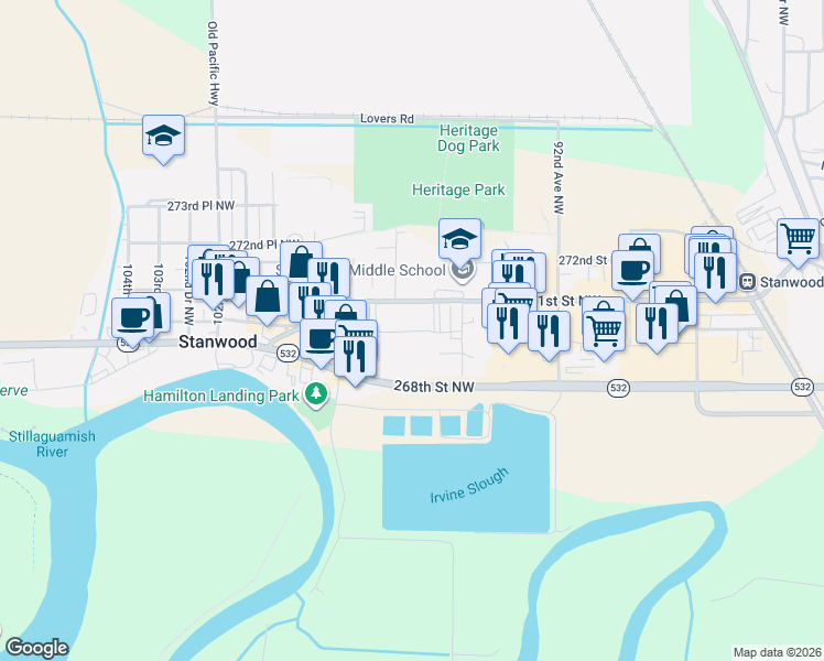 map of restaurants, bars, coffee shops, grocery stores, and more near 9520 270th Street Northwest in Stanwood