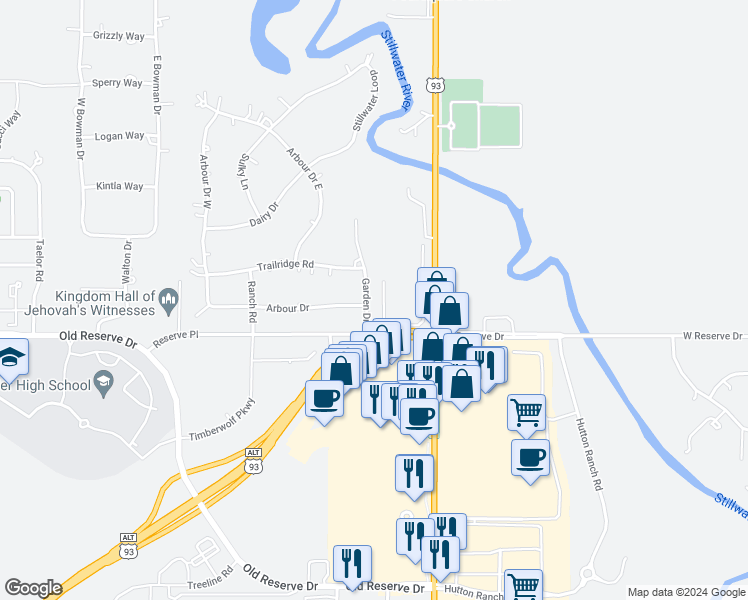 map of restaurants, bars, coffee shops, grocery stores, and more near 109-119 Garden Dr in Kalispell