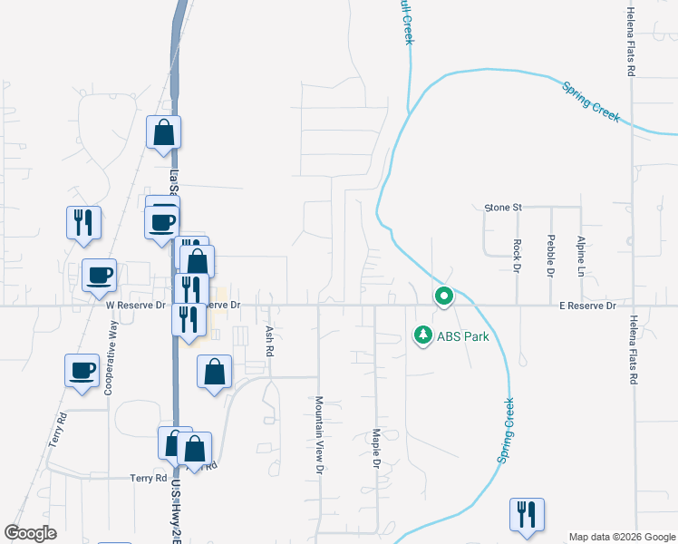 map of restaurants, bars, coffee shops, grocery stores, and more near 635 Mountain View Drive in Kalispell