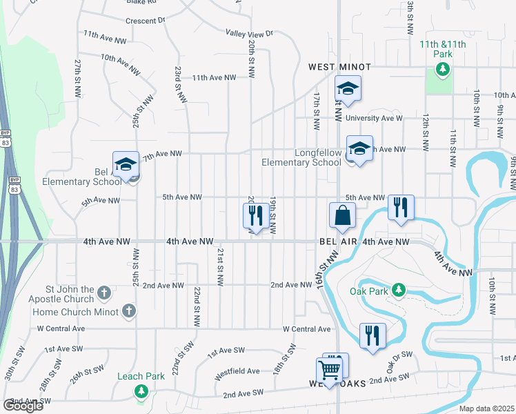 map of restaurants, bars, coffee shops, grocery stores, and more near 443 19th Street Northwest in Minot