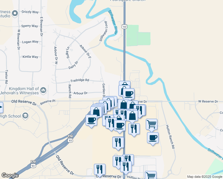 map of restaurants, bars, coffee shops, grocery stores, and more near 900 West Reserve Drive in Kalispell
