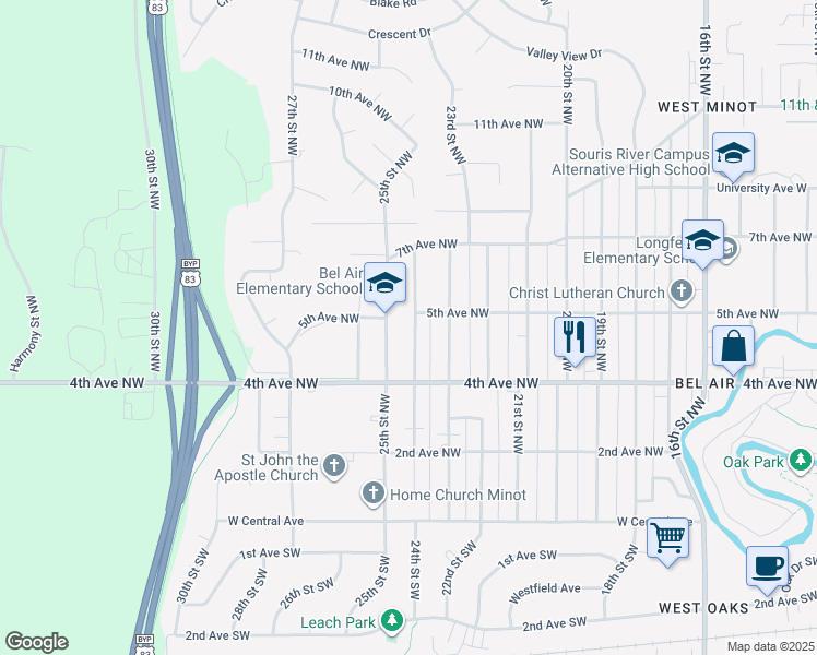 map of restaurants, bars, coffee shops, grocery stores, and more near 421 24th Street Northwest in Minot