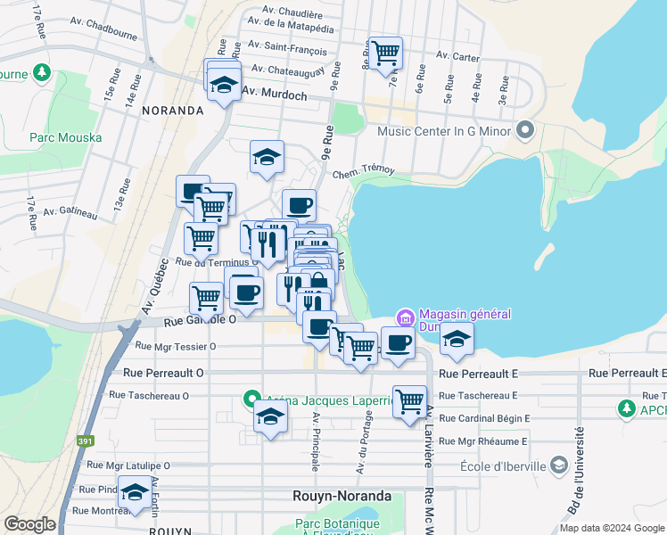 map of restaurants, bars, coffee shops, grocery stores, and more near 52 Avenue du Lac in Rouyn-Noranda