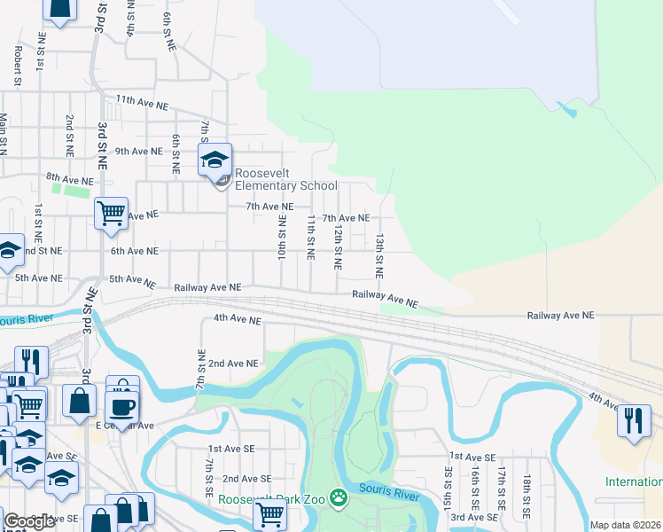 map of restaurants, bars, coffee shops, grocery stores, and more near 535 12th Street Northeast in Minot